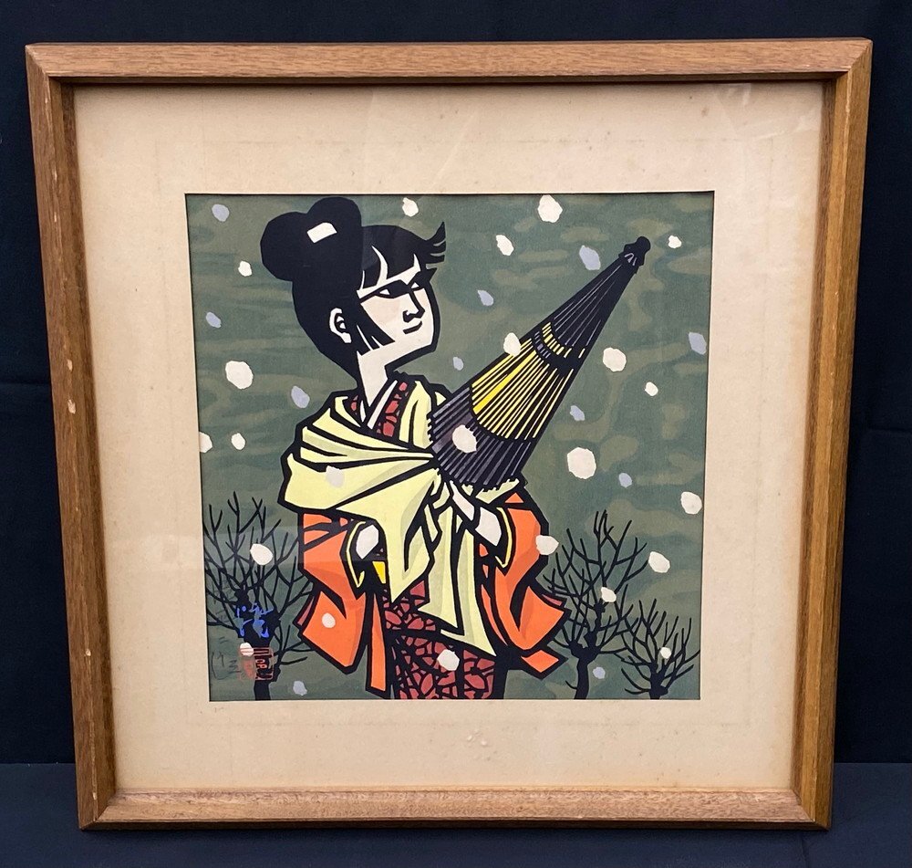 【江】滝平二朗『牡丹雪』木版画 模写 サイン有 落款 約44.5cm×43.5cm 古美術品(人物画絵画額装アート)AXZ2340 ABaokj OBaxdf
