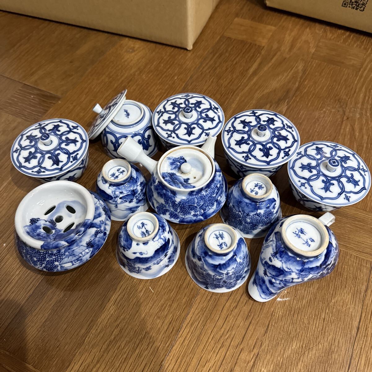 平安白峰 染付 青白磁 茶器セット 急須 湯呑 蓋付き 小鉢 和食器 12点セット 骨董