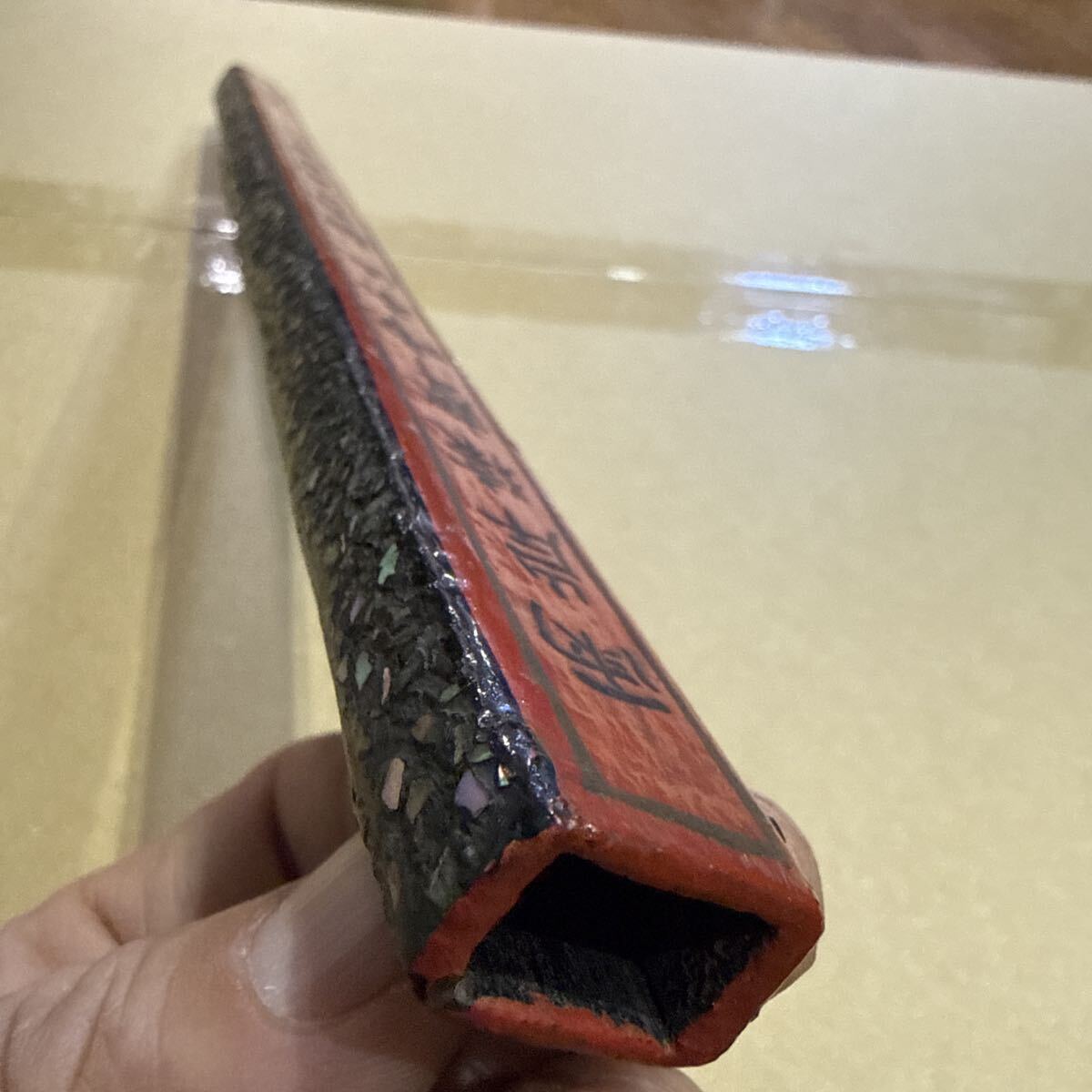 中国古漆器 螺鈿散し 唐詩書入り角筒 文房古道具 香筒 古玩 古美術 骨董品 