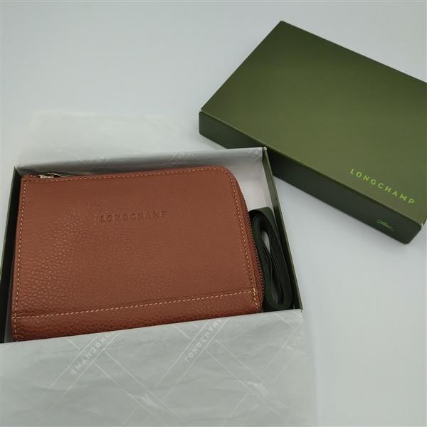 1円 出品 美品 LONGCHAMP ロンシャン ミニ財布 財布 レザー 茶色 薄型 ブラウン系 ファスナータイプ 新品未使用品 箱付き 20978