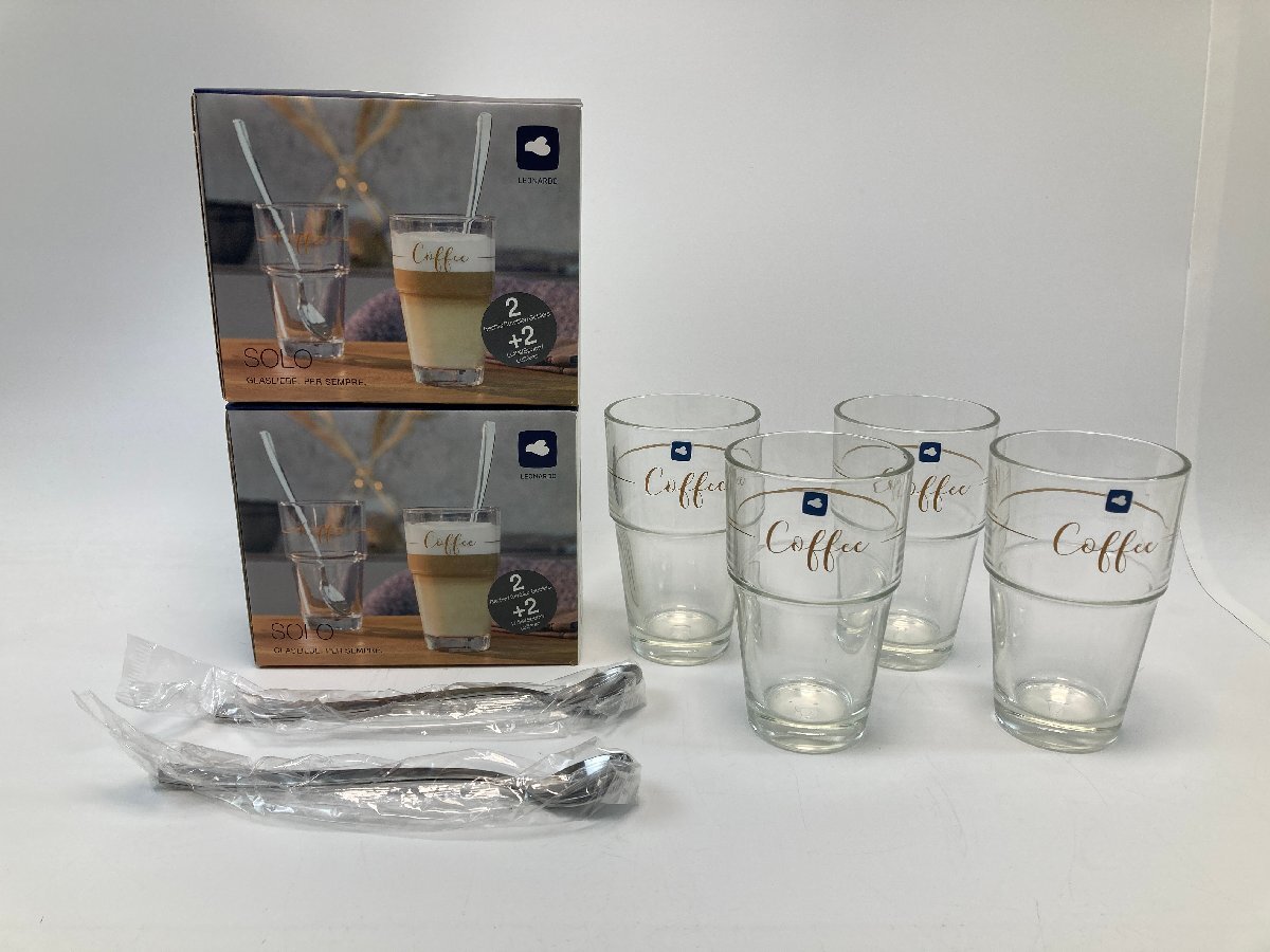 【S8-2-8044】未使用品 LEONARDO レオナルド SOLO 043477 ラテマキアート&スプーン 2P 2個セット ガラス製 410ml 食洗器対応