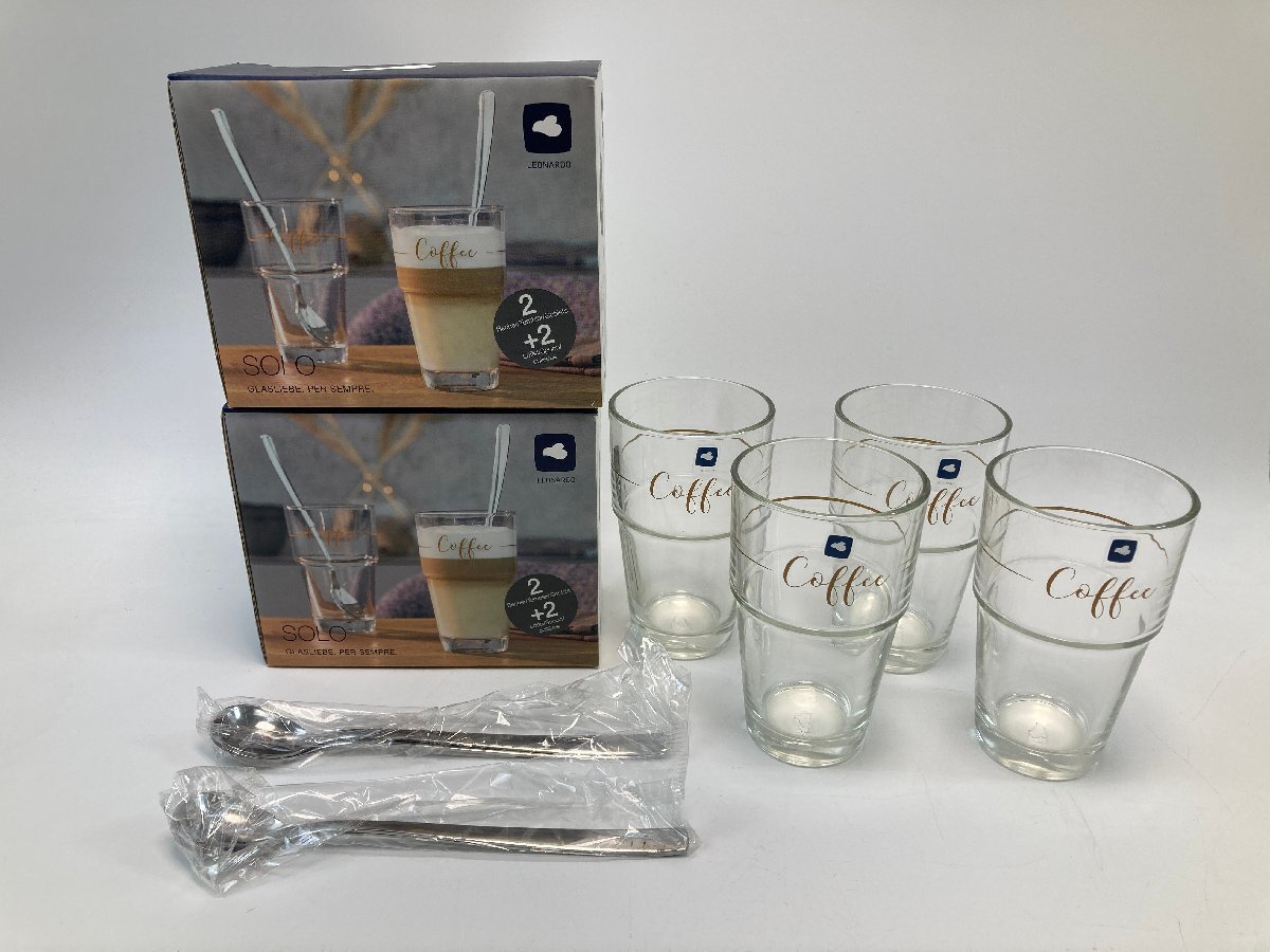 【S8-2-8013】未使用品 LEONARDO レオナルド SOLO 043477 ラテマキアート&スプーン 2P 2個セット ガラス製 410ml 食洗器対応