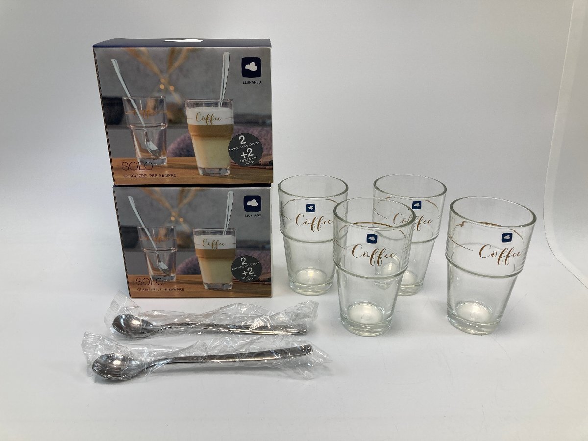 【S8-2-8037】未使用品 LEONARDO レオナルド SOLO 043477 ラテマキアート&スプーン 2P 2個セット ガラス製 410ml 食洗器対応