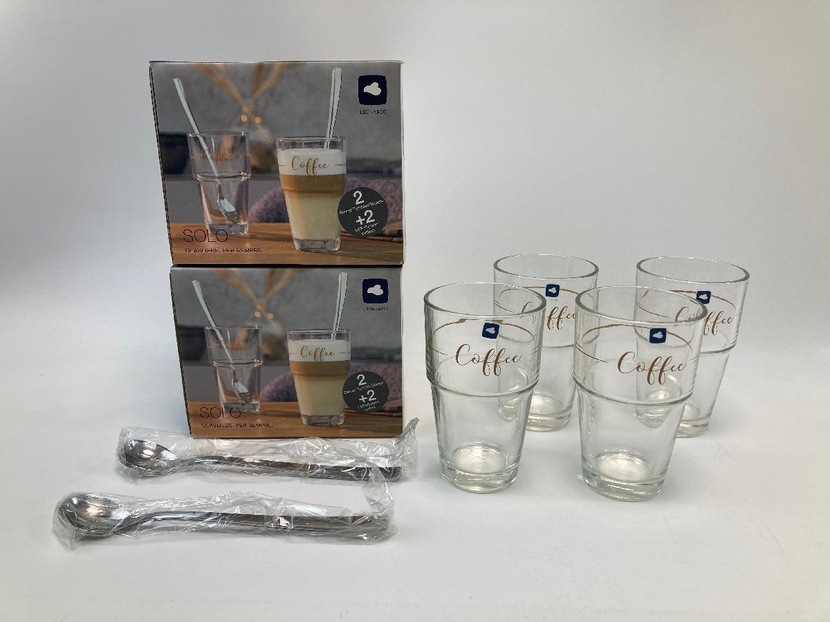 【S8-2-8051】未使用品 LEONARDO レオナルド SOLO 043477 ラテマキアート&スプーン 2P 2個セット ガラス製 410ml 食洗器対応