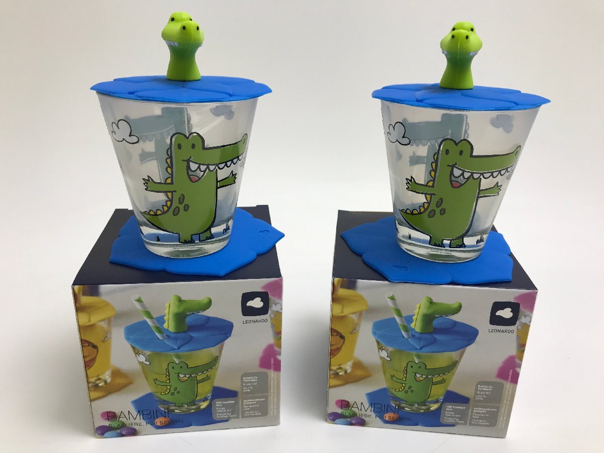 【S4-3-6118】未使用品 LEONARDO レオナルド BANBINIバンビーニ 034795 キッズタンブラー ワニ ブルー 2P 2個セット 215ml 子供用 ガラス製
