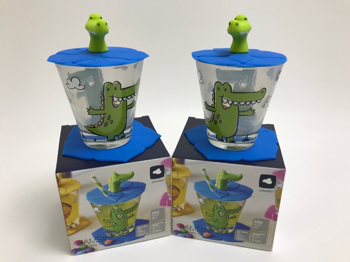 【S4-3-7689】未使用品 LEONARDO レオナルド BANBINIバンビーニ 034795 キッズタンブラー ワニ ブルー 2P 2個セット 215ml 子供用 ガラス製