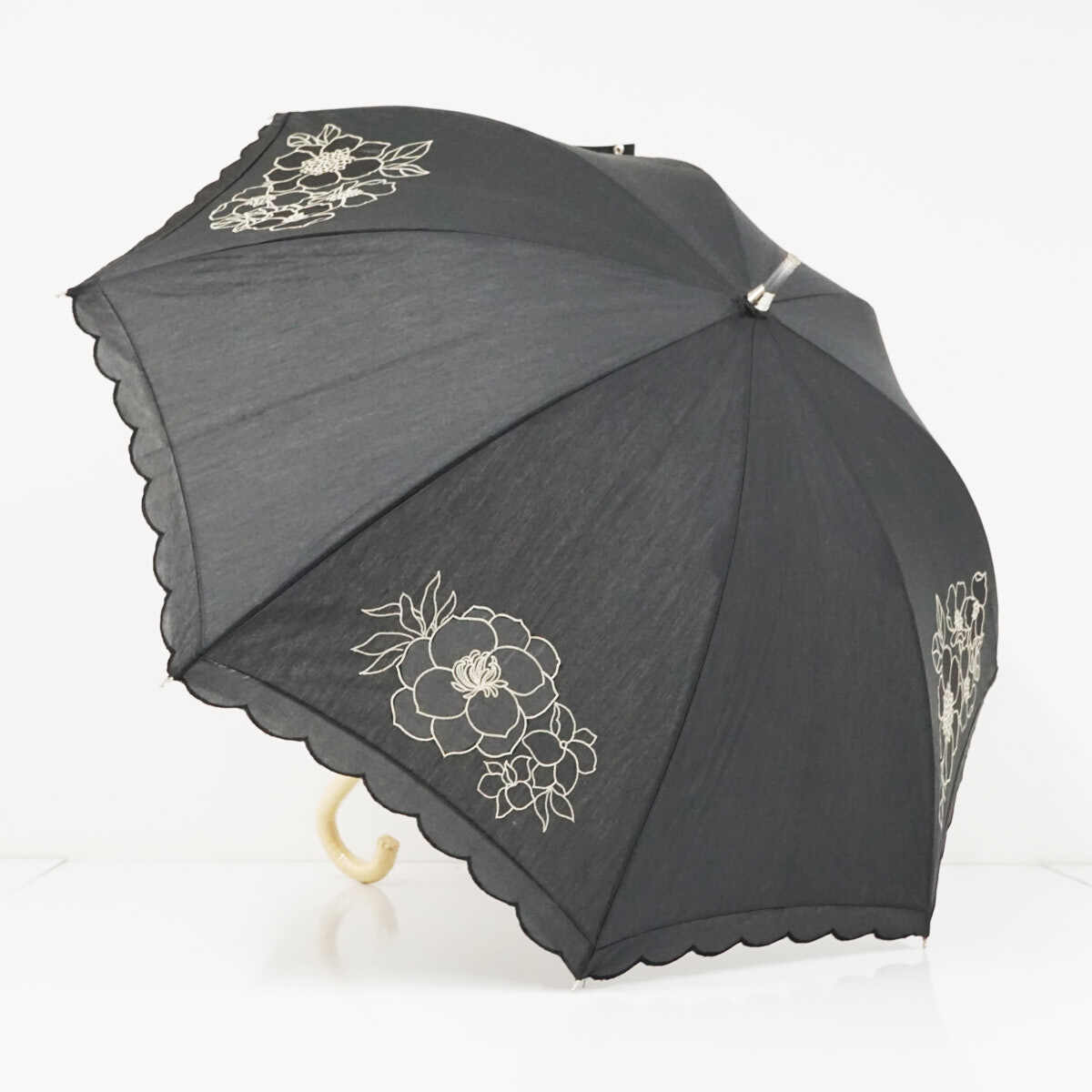 日傘 小原商店 USED超美品 晴雨兼用 ブラック フラワー スカラップ 刺繍 オーガンジー 遮光 UV グラス骨 47cm A4007