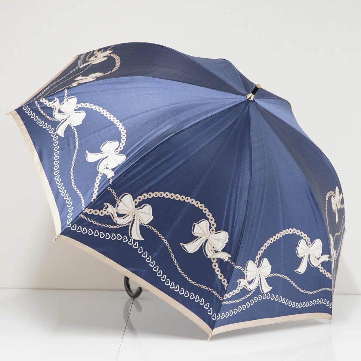 耐風傘 LANVIN en Bleu ランバンオンブルー USED品 ネイビー ベージュ リボン ハート ジャンプ 60cm A4041