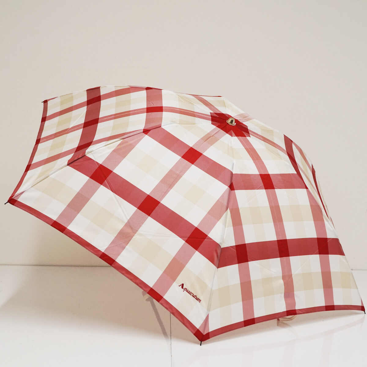 折りたたみ傘 Aquascutum アクアスキュータム USED品 新潟オーロラ チェック レッド レディース 収納袋付き 55cm FA9743