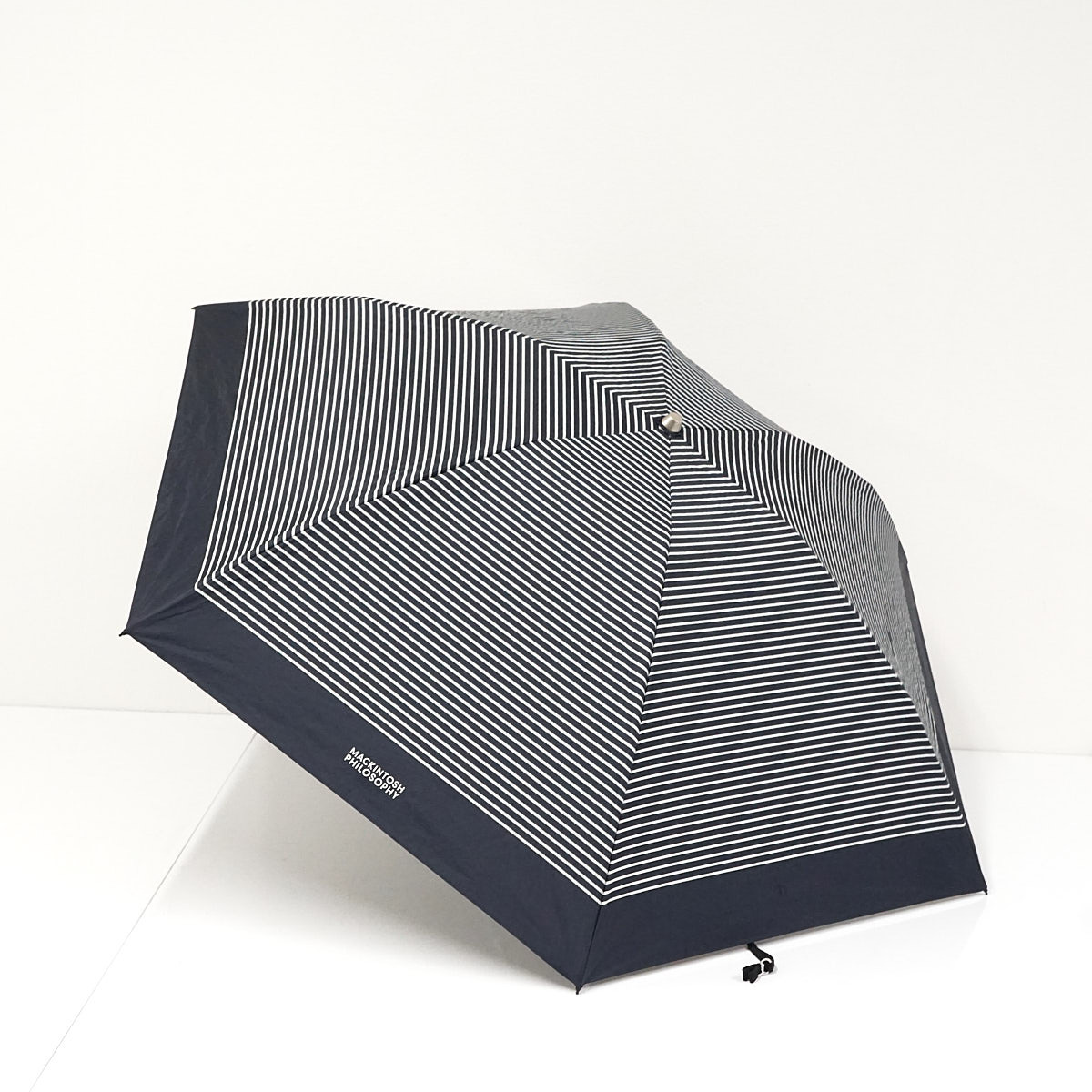 折りたたみ日傘 MACKINTOSH PHILOSOPHY マッキントッシュフィロソフィー USED美品 晴雨兼用 ボーダー ロゴ ネイビー 軽量 UV 50cm FS9769