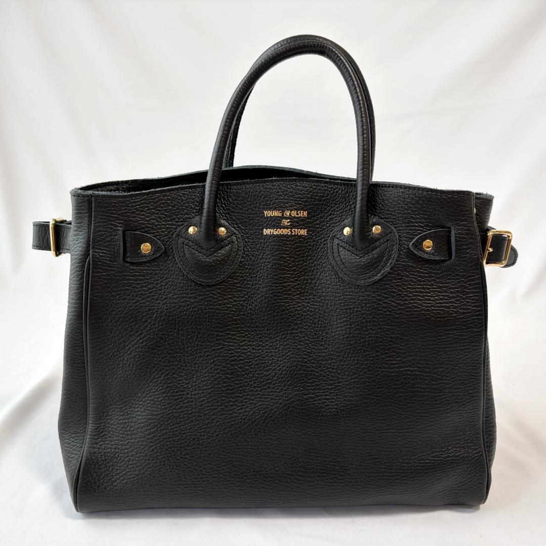 ＜極美品!!＞■YOUNG & OLSEN The DRYGOODS STORE エンボスドレザーベルテッドトート トートバッグ 牛革 ブラック YO2601-GD007 管:2606002