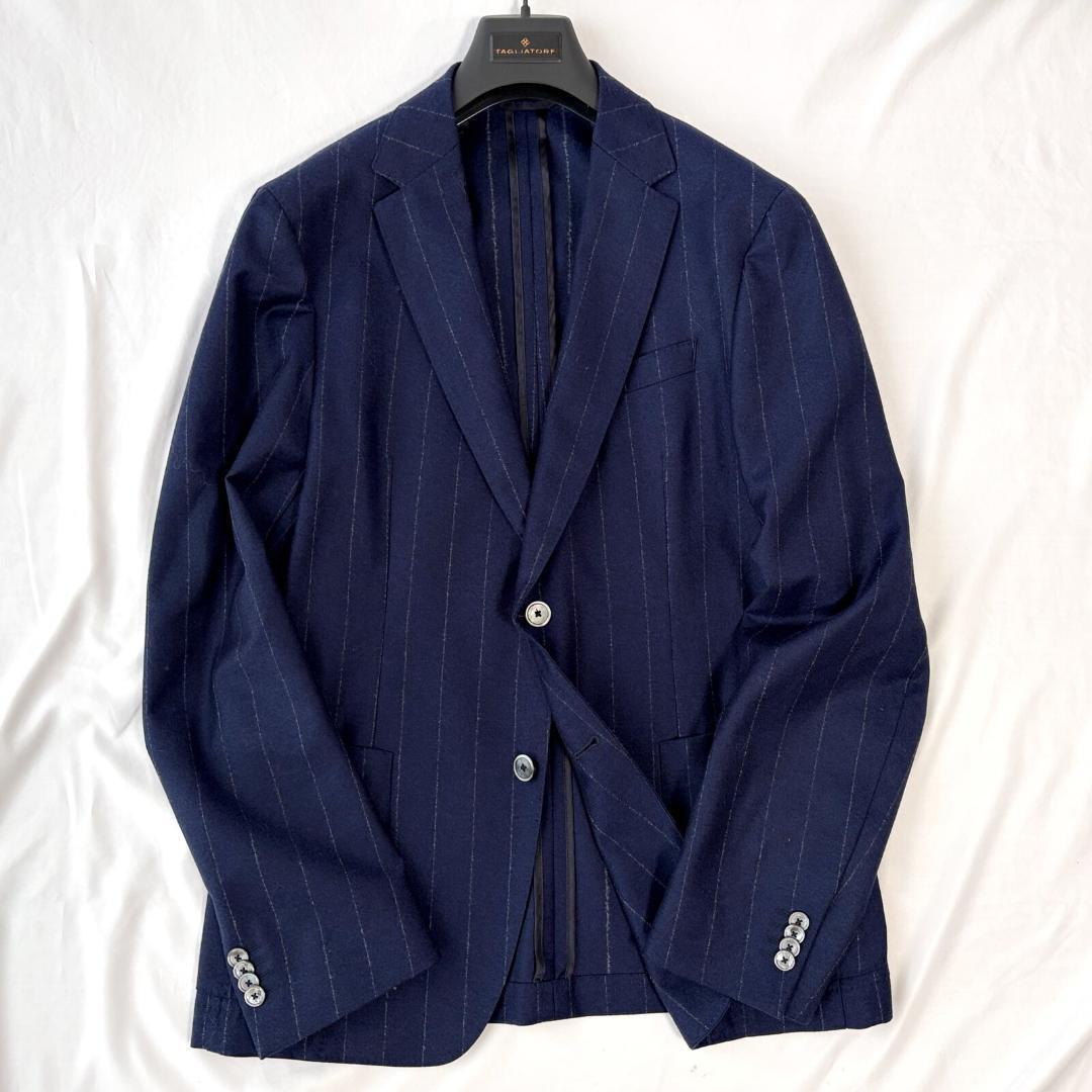 ■1円〜 ＜極美品!!＞■HUGO BOSS ヒューゴボス テーラードジャケット ストライプ ウール ネイビー 紺 50(XL程度) 管:2606086