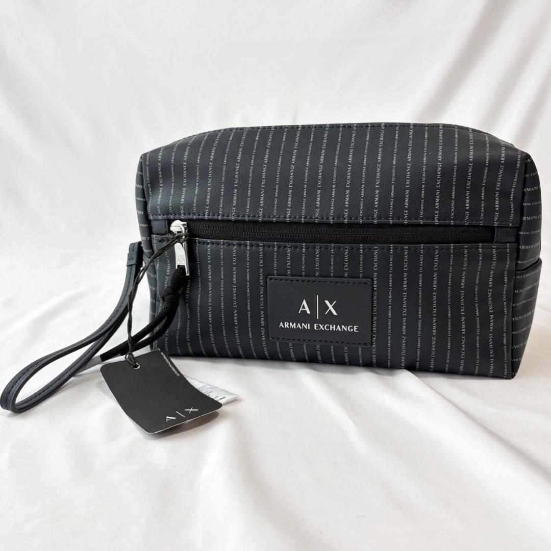 ■1円〜 ＜未使用!!＞■ARMANI EXCHANGE アルマーニエクスチェンジ ポーチ ストラップ付 ファブリック ネイビー ピンストライプ 管:2606045