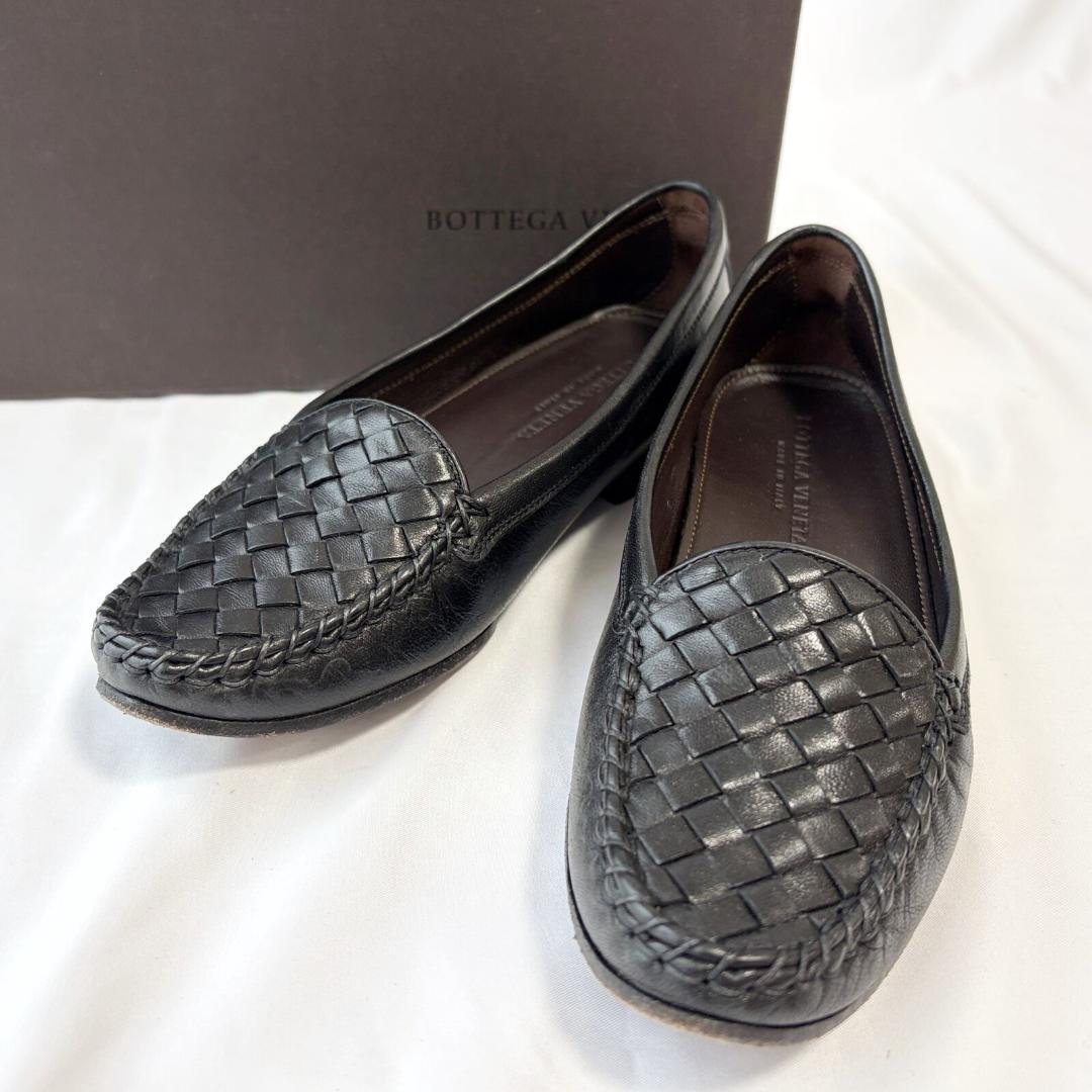 ■1円〜 ＜良品!!＞■BOTTEGA VENETA ボッテガヴェネタ イントレチャート フラットシューズ レザー ブラック 34(22cm程度) 管:2606074