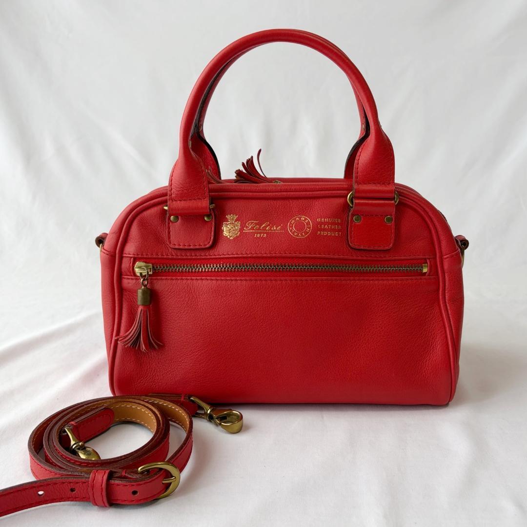 ■1円〜 ＜美品!!＞■Felisi フェリージ ミニハンドバッグ 2way ショルダー シュリンクレザー 牛革 レッド 14-25 管:2606174