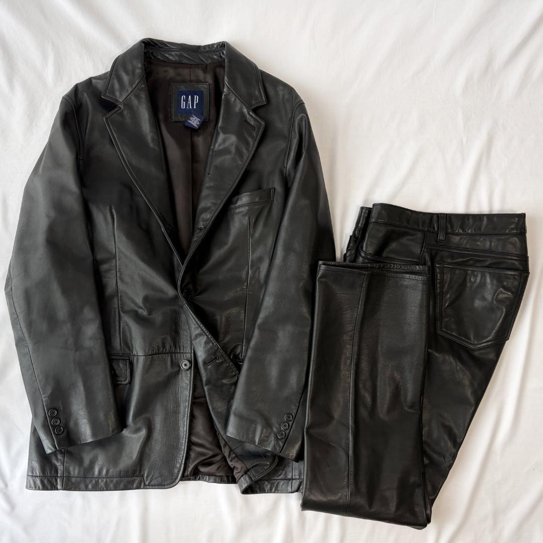 ＜美品!!＞■OLD GAP オールドギャップ レザー セットアップ スーツ ジャケット＆パンツ 上下セット 牛革 ブラック L(XL程度) 管:2606130