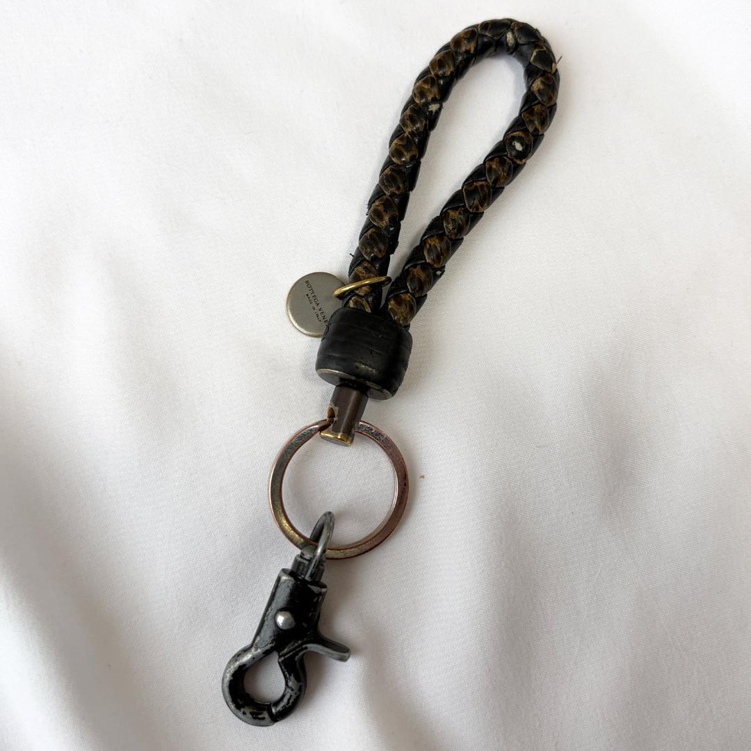 ＜良品＞■BOTTEGA VENETA ボッテガヴェネタ イントレチャート キーリング レザー ダークブラウン 管:2606152