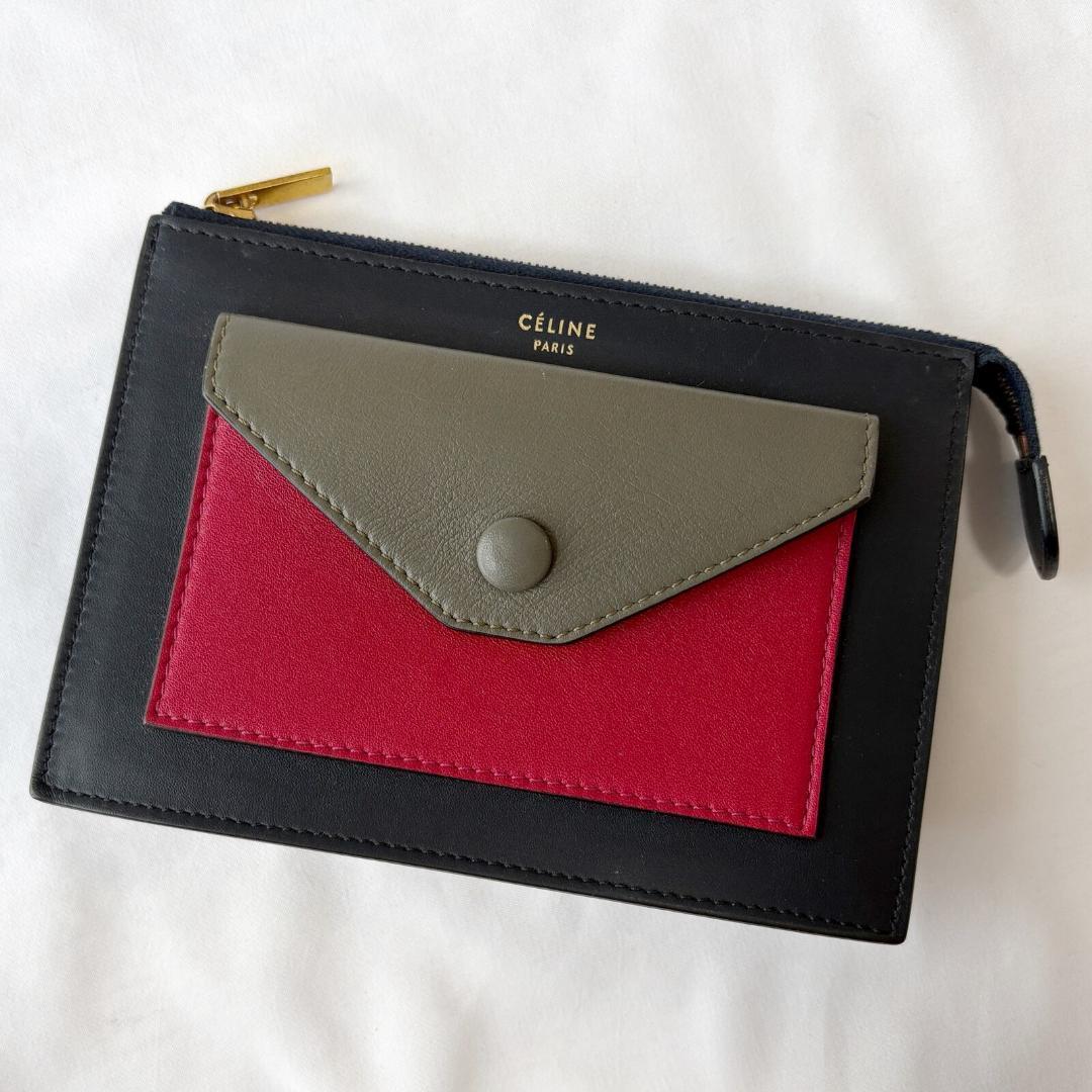■1円〜 ＜美品・希少!!＞■CELINE セリーヌ ポケット エンベロップ クラッチバッグ ミニ レザー 本革 普段使い ネイビー 管:2606149