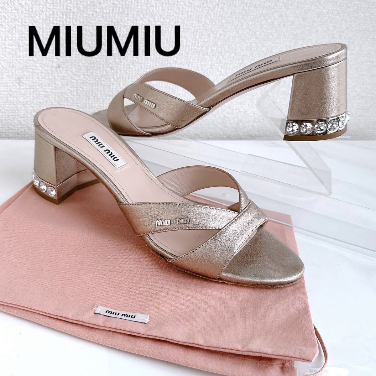 MIUMIU ミュウミュウ ラインストーン クリスタル ビジュー サンダル ミュール オープントゥ フラットシューズ 36 レーディス 靴 ロゴ入り