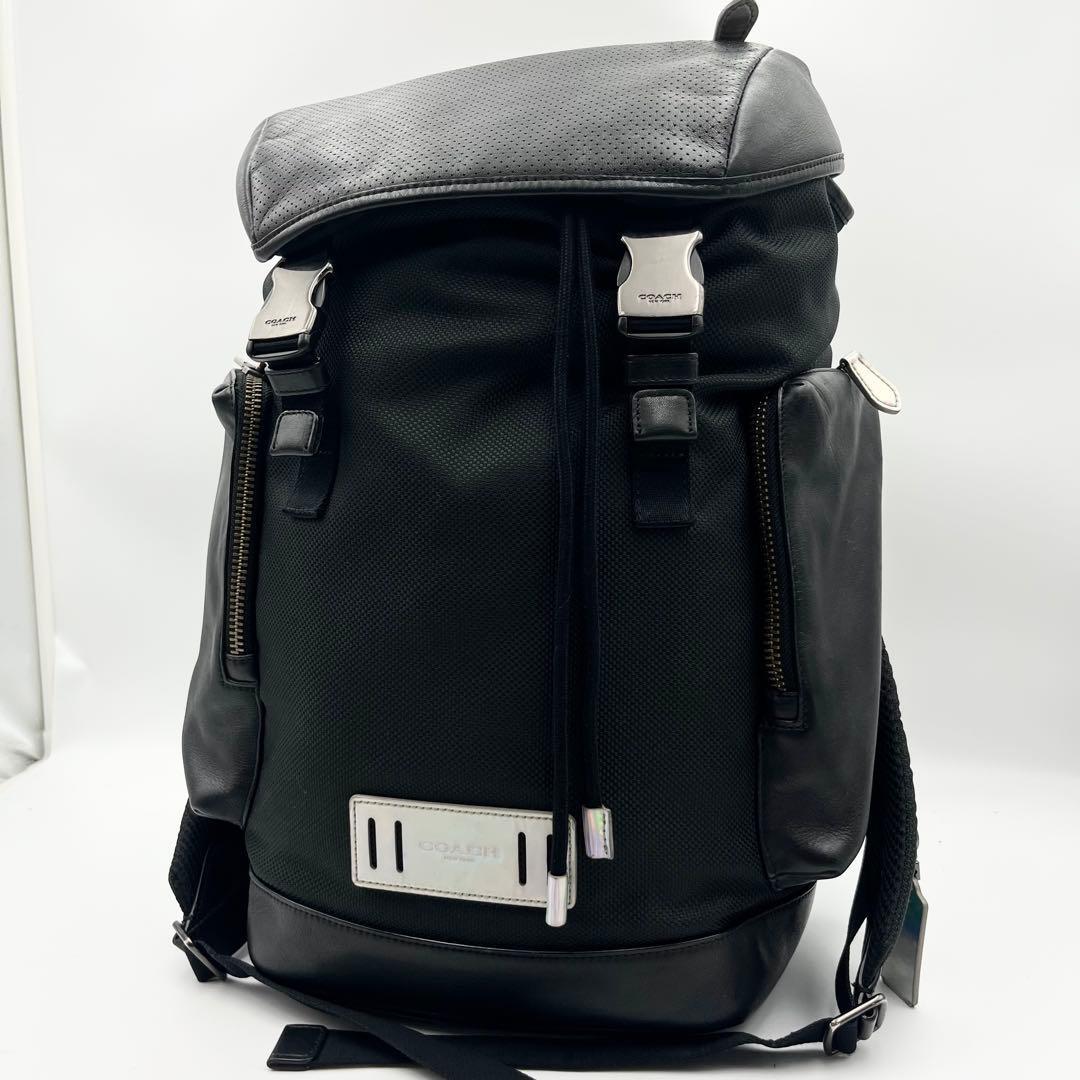 コーチ COACH リュック バックパック ビジネスバッグ 大容量 リフレクター パンチング　ロゴプレート ブラック 黒 レザー 革 多収納
