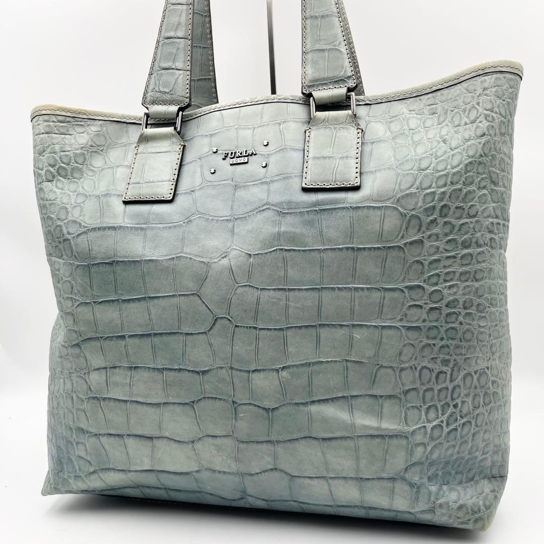 希少色! FURLA フルラ メンズ トートバッグ ビジネス クロコ型押し ロゴ A4可 肩掛け 多収納 大容量 レザー 革 ブルー 青系 バック 書類鞄