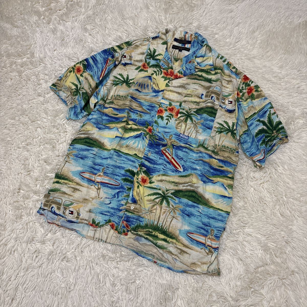 00s 90s TOMMY HILFIGER レーヨン総柄アロハシャツ M オープンカラー　 半袖シャツ　トミーヒルフィガー　胸元ポケット有　デザイン良