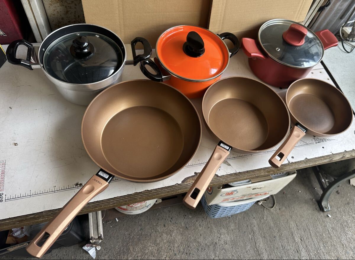 (M) 調理器具 両手鍋 炊飯鍋 フライパンなど まとめて6点セット ティファール T-FAL ヴィジョンズ visions など 現状中古品