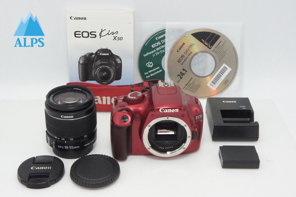 良品 Canon キヤノン EOS Kiss X50 ボディ + EF-S 18-55mm IS II レンズキット デジタル一眼レフカメラ レッド 260521a【アルプスカメラ】