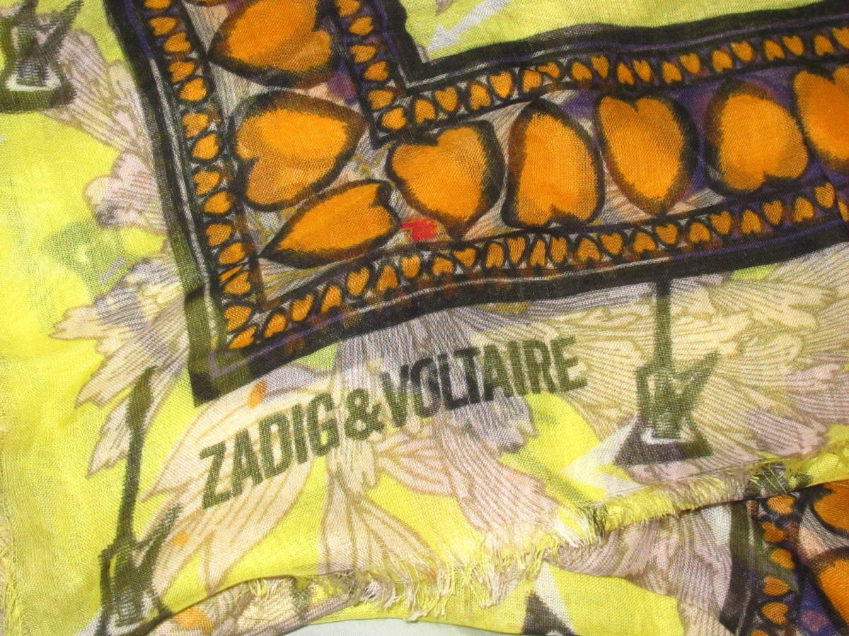 ●ZADIG & VOLTAIRE (ザディグエヴォルテール) イタリア製 ギター/ハート デザイン ストール●イエロー●クリーニング済●