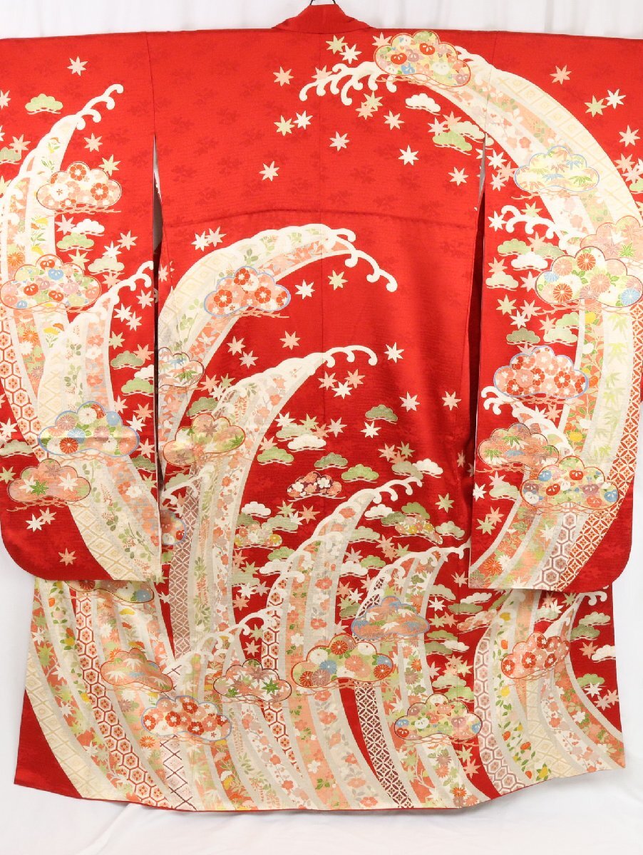 豪華 振袖 レトロ調 波と松に季節の草花 金彩 金駒 正絹 着物 成人式 昭和レトロ アンティーク 【彩irodori】