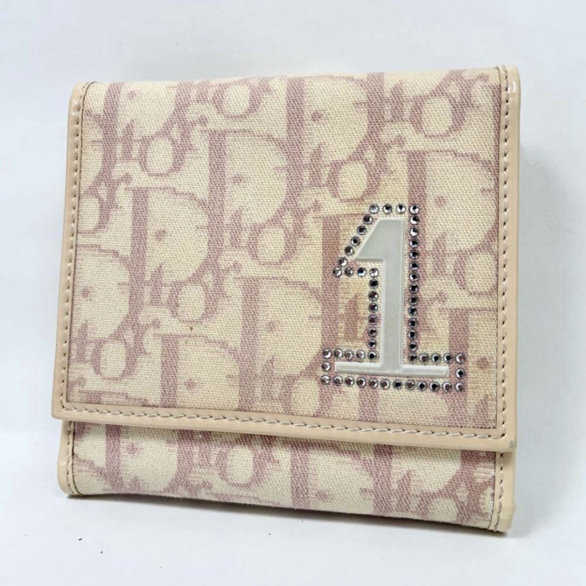 ◆ Christian Dior ◆ クリスチャンディオール 折り財布 トロッター ラインストーン No.1 ナンバリング Wホック キャンバス レザー ピンク