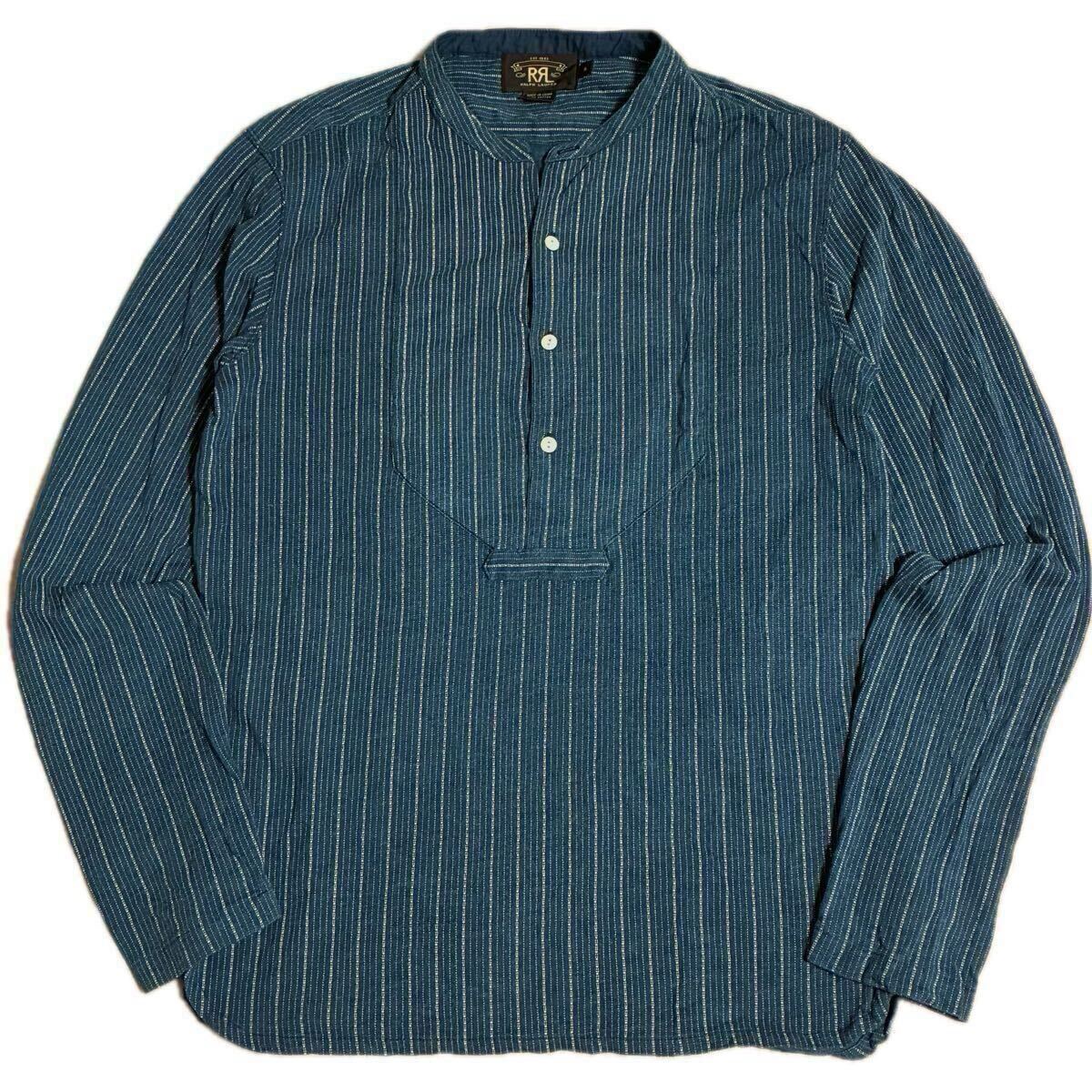 2012年希少品 美品 RRL WABASH STRIPE HENLEYNECK ダブルアールエル ウォバッシュ ストライプ ヘンリーネック バンドカラー インディゴ