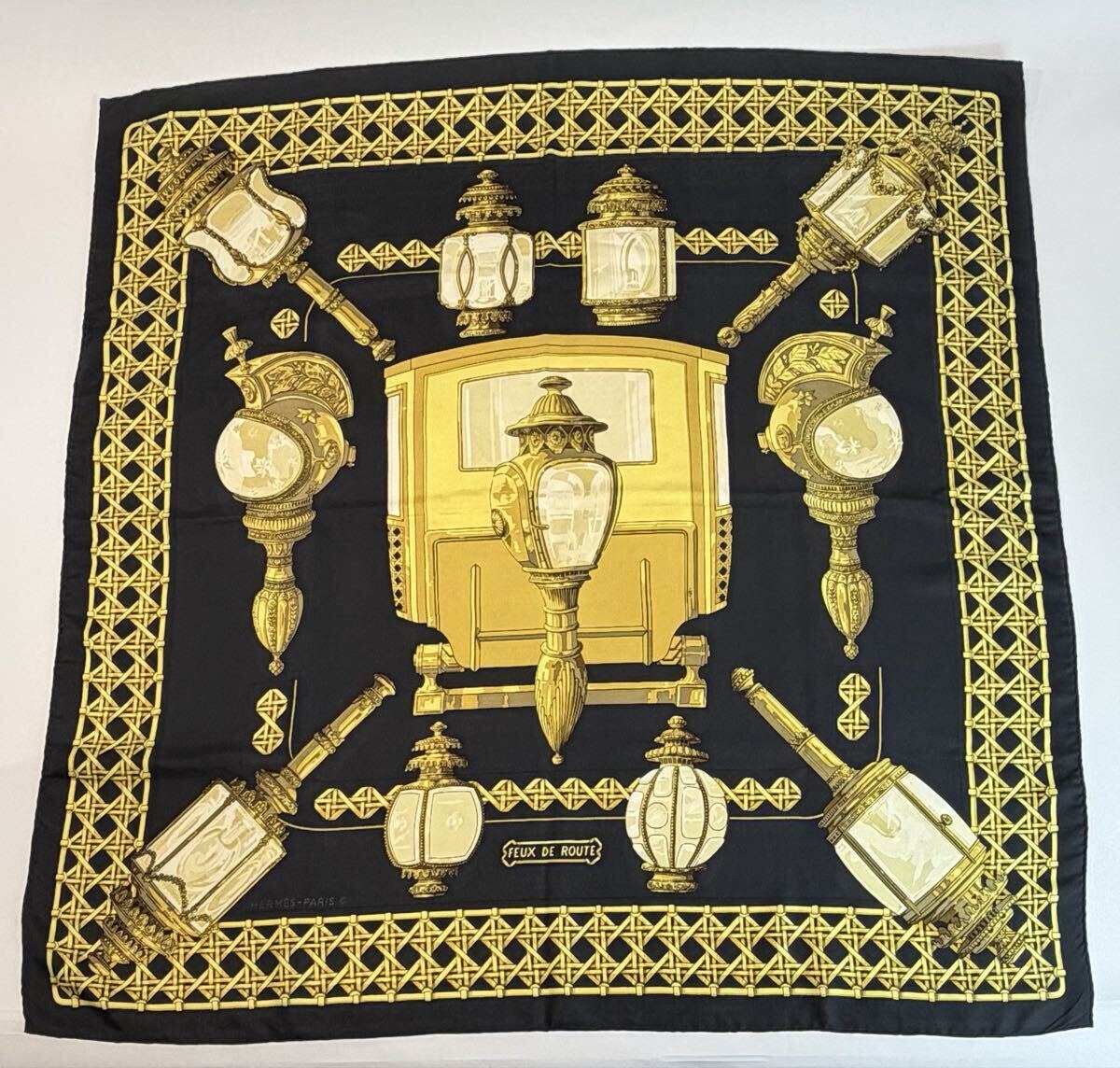 【正規品】HERMES エルメス カレ90 スカーフ FEUX DE ROUTE シルク 黒　ヴィンテージ品