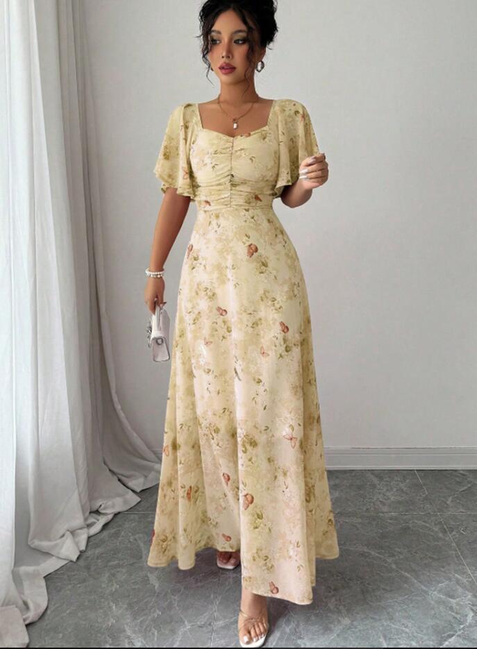 L0605　ワンピースレディース● 着心地抜群 20代30代40代 ●高品質　　素敵　dress　　シフォン　　　　イエロー