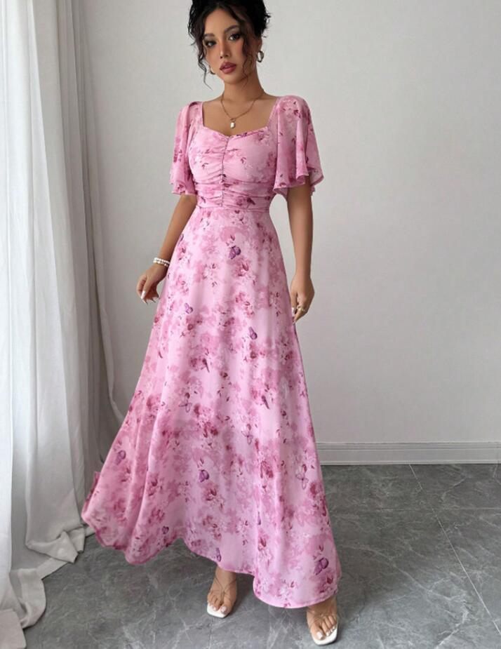 L0605　ワンピースレディース● 着心地抜群 20代30代40代 ●高品質　　素敵　dress　　シフォン　　ピンク
