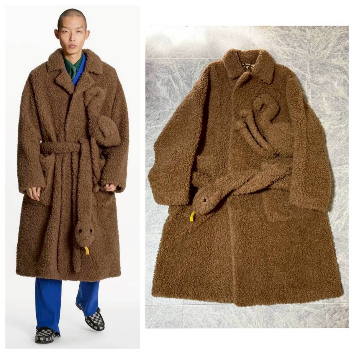 定価約100万 LOUIS VUITTON 2021AW ルイヴィトン ヴァージル キャメルシルク シアリング ムートン LVフレンド 人形 ドール ロングコート 50