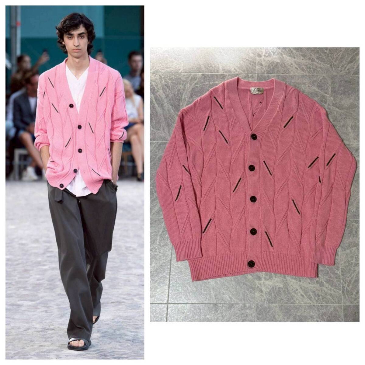 HERMES 2020SS Collection エルメス 2020年春夏 コレクション ランウェイ カシミヤ ウール レザーディテール 装飾 ニット カーディガン M