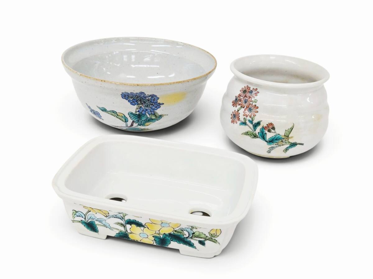 6E2ク13 ★九谷焼 九谷福美★ 鉢 3点セット まとめ 色絵 花柄 盆栽鉢 植木鉢 bonsai pot