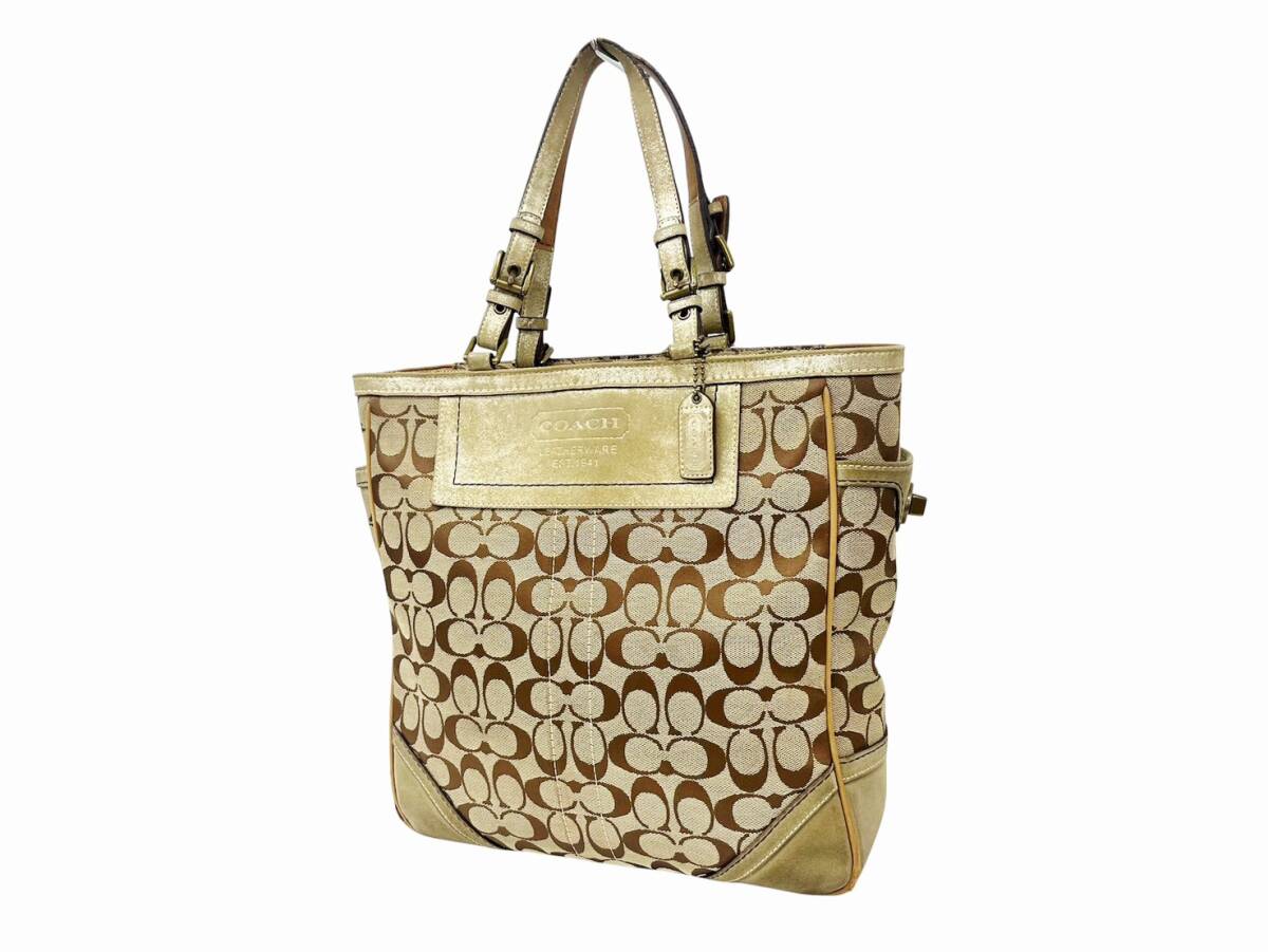 5A4ウ12 RS★COACH/コーチ★ シグネチャー トートバッグ 8K50 ハンドバッグ キャンバス×レザー ベージュ系