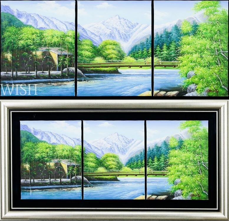 【真作】【WISH】奥村勝一 油彩 6号 三作品一額装 ◆新緑と清流の向こうに雪山を望む爽やかな三連作 　　〇八千代会所属 #26052300