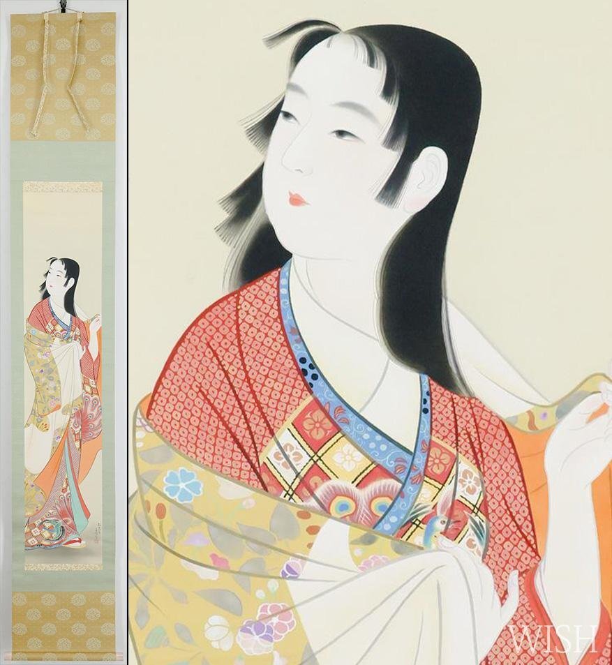 【真作】【WISH】野田朝泉「彌生」日本画 掛軸 絹本 共箱 金泥仕様 ◆奥ゆかしい仕草と雅な装いが印象的な和美人 #26050040
