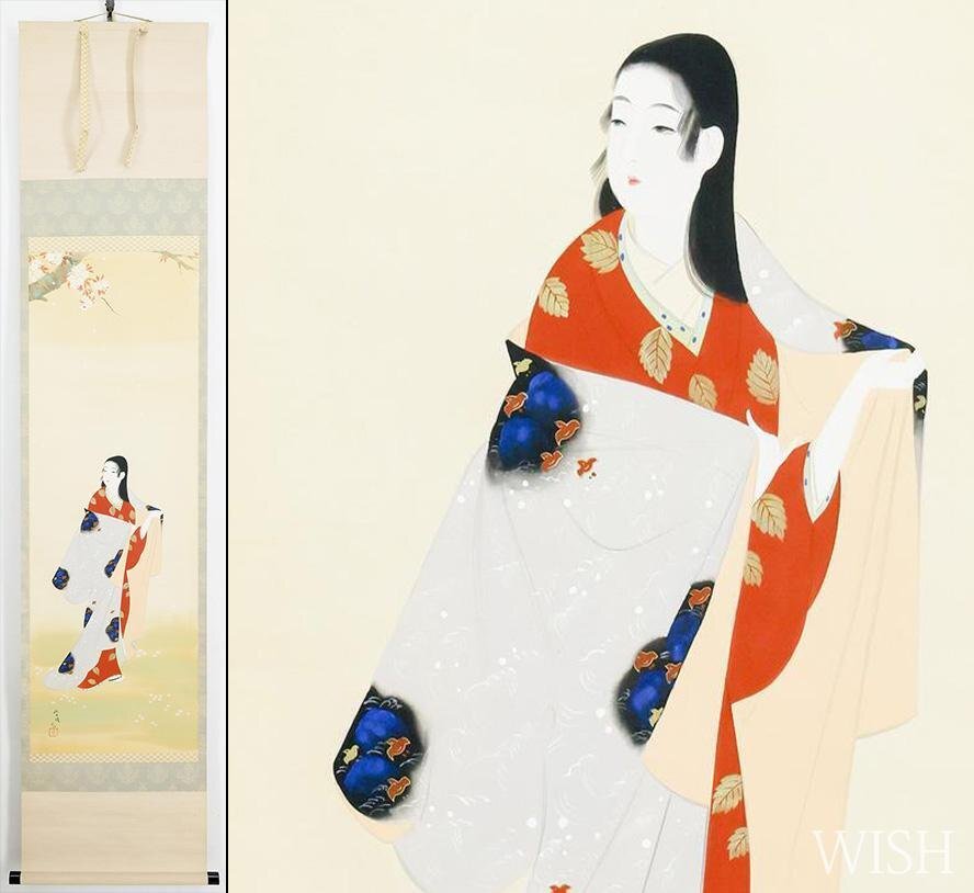 【WISH】在銘：比佐雄 日本画 掛軸 絹本 金泥仕様 ◆桜の花びらが舞う中に佇む優美な和美人 #26050049
