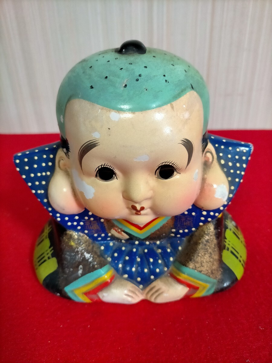 ● 福助人形 貯金箱 置物 昭和レトロ 縁起物 商売繁盛 福助 陶器製 陶器 インテリア●ｗ-10