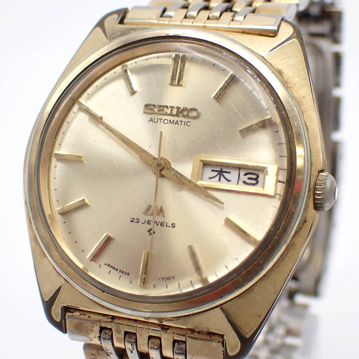 稼働品 1円～☆SEIKO セイコー AT/自動巻き メンズ腕時計 Lord Matic 5606-7000 ゴールド文字盤 デイデイト ラウンド アナログ/品0529-500