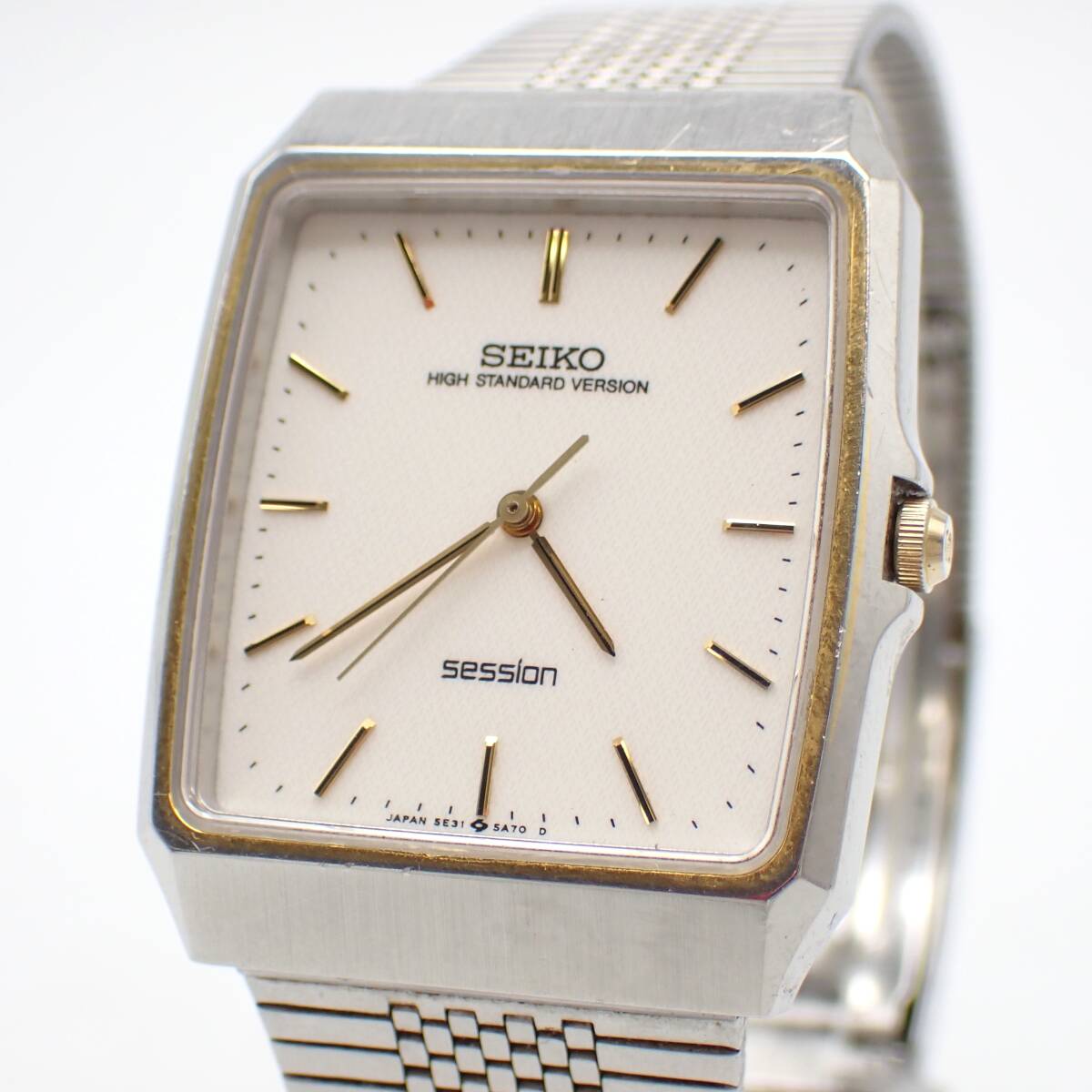 稼働品 1円～☆SEIKO セイコー QZ メンズ腕時計 session セッション 5E31-5A70 白文字盤 スクエア アナログ アンティーク/増0520-200