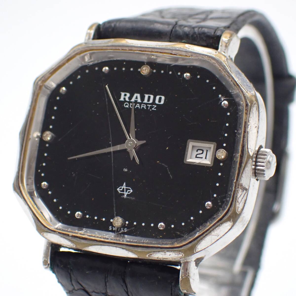 稼働品 1円～☆RADO ラドー QZ メンズ腕時計 732.9618.2 黒文字盤 デイト アナログ スクエア アンティーク/向0515-200