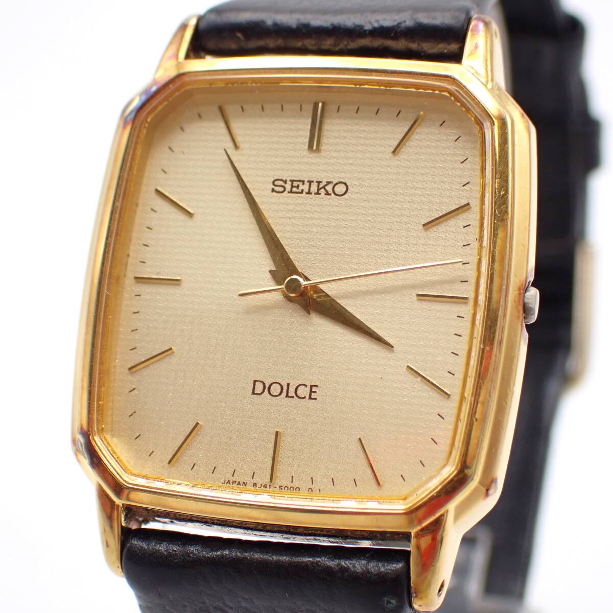 稼働品 1円～☆SEIKO セイコー QZ レディース腕時計 DOLCE ドルチェ 8J41-5000 ゴールド文字盤 スクエア アナログ アンティーク/和0604-500