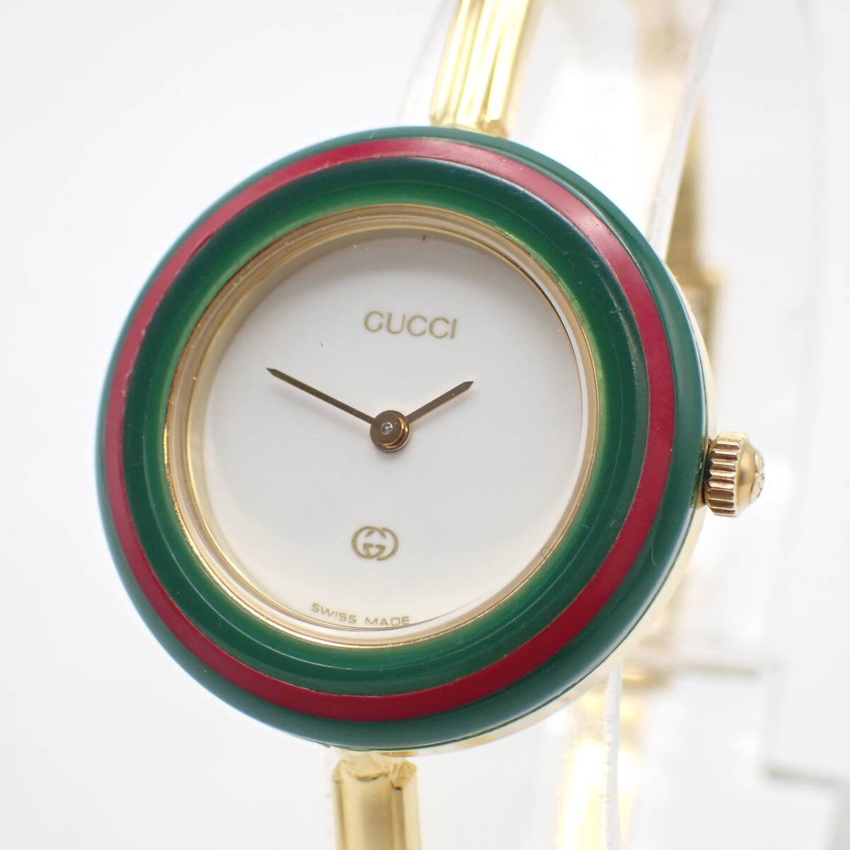 稼働品 1円～☆GUCCI グッチ QZ レディース腕時計 チェンジベゼル バングルウォッチ 11/13 白文字盤 ラウンド アナログ/向0604-20000