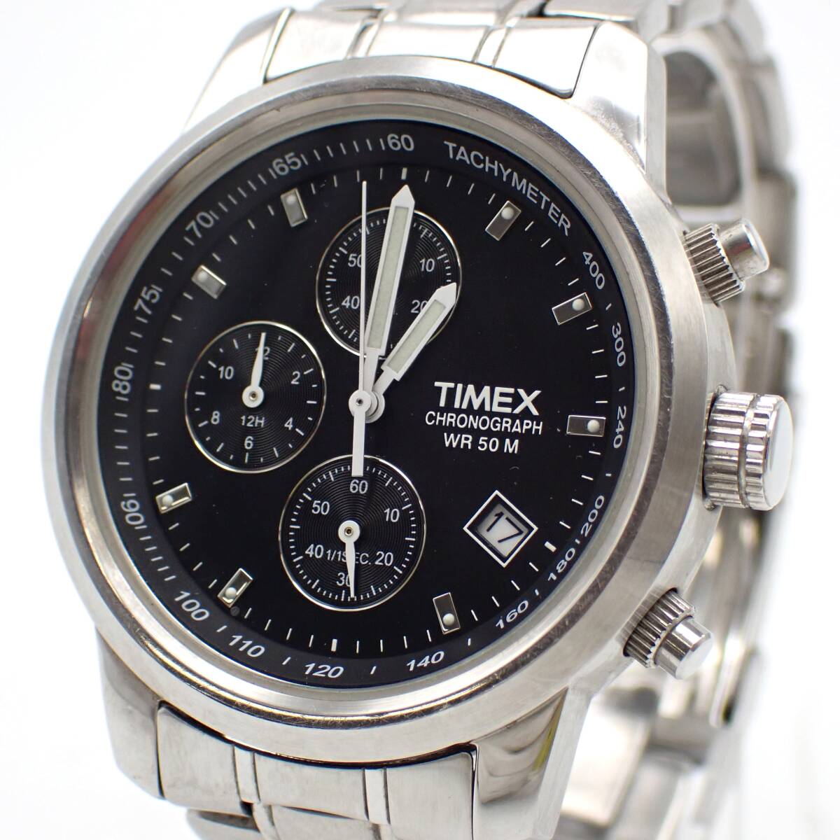 稼働品 1円～☆TIMEX タイメックス QZ メンズ腕時計 SR927 W CELL 黒文字盤 クロノグラフ デイト ラウンド アナログ/角0609-200
