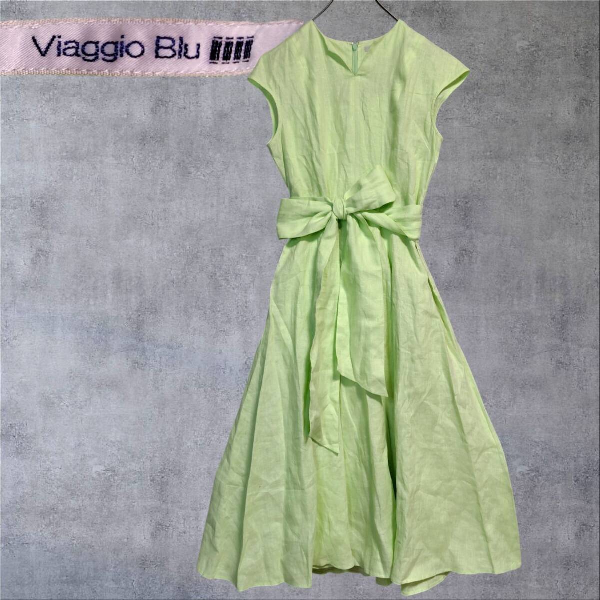 Viaggio Blu ビアッジョブルー リネン100% マキシ丈ワンピース リボンベルト Aライン フレア フレンチスリーブ ライムグリーン 黄緑 夏物